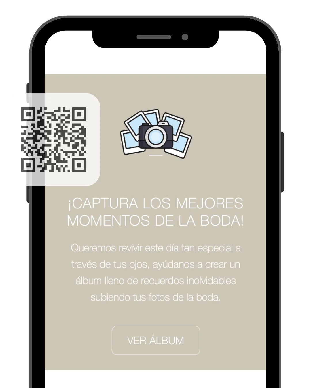 Álbum de fotos de boda con código QR para que los invitados suban sus capturas