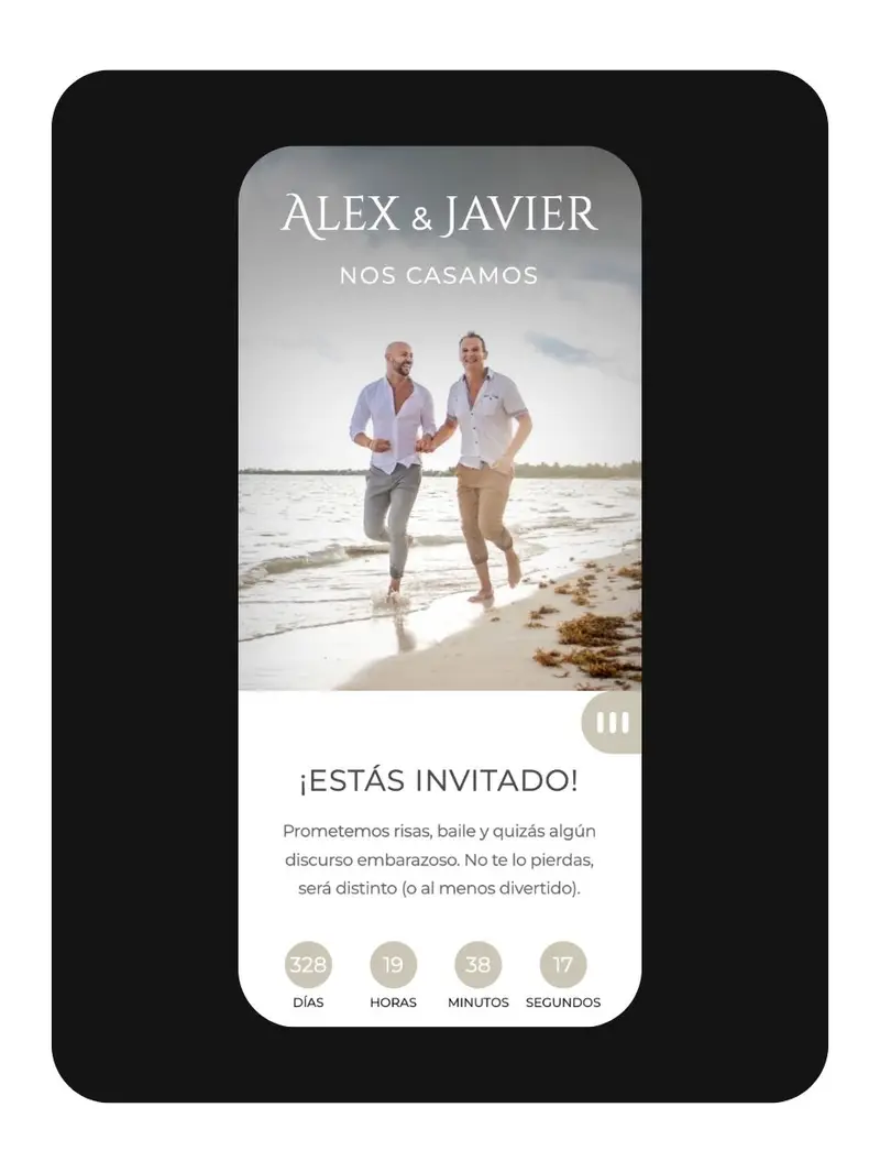 Modelo: Complicidad — hospedaje y viaje en invitación digital de boda
